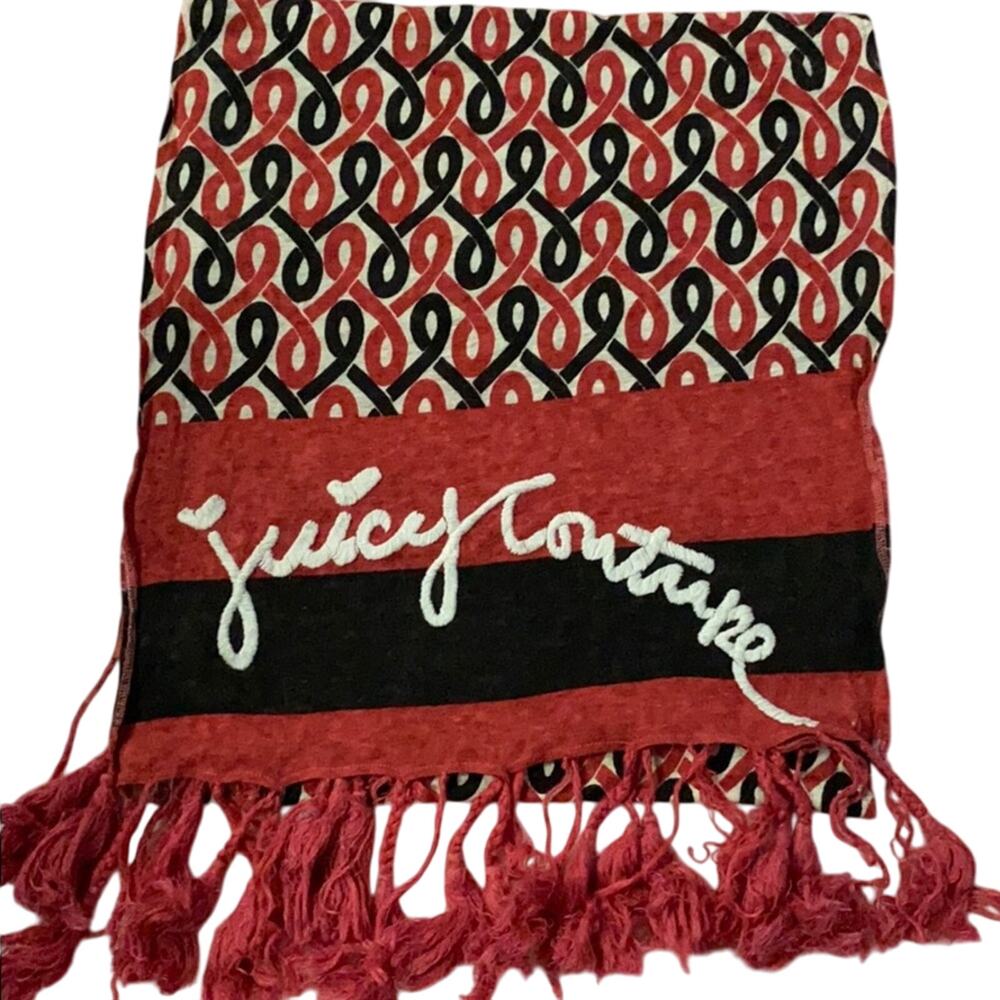 RARE! Orig Juicy Couture Y2K Red Navy White Chain Heart Scarf Fall Winter Snow